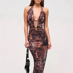 NWT Murci Anya Black and Brown Printed Mesh Women's Dress Size 8